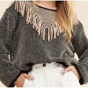 tonle Handwoven Macrame Fringe Sweater Black White Recycled Knit Womens L XL